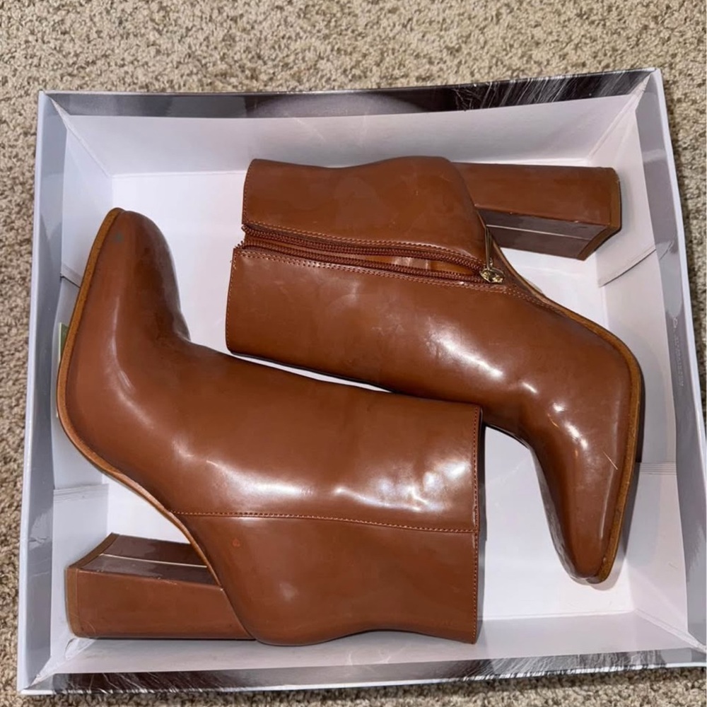 Jennifer Lopez Cognac Patent Block Heel Ankle Booties